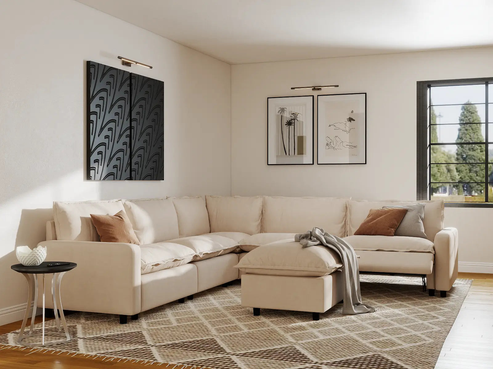 Modular Cero Sofa and Recliner Set | 6-Piece Beige Linen Open Plan Sofa Sets 5-Seater with 1-Ottoman