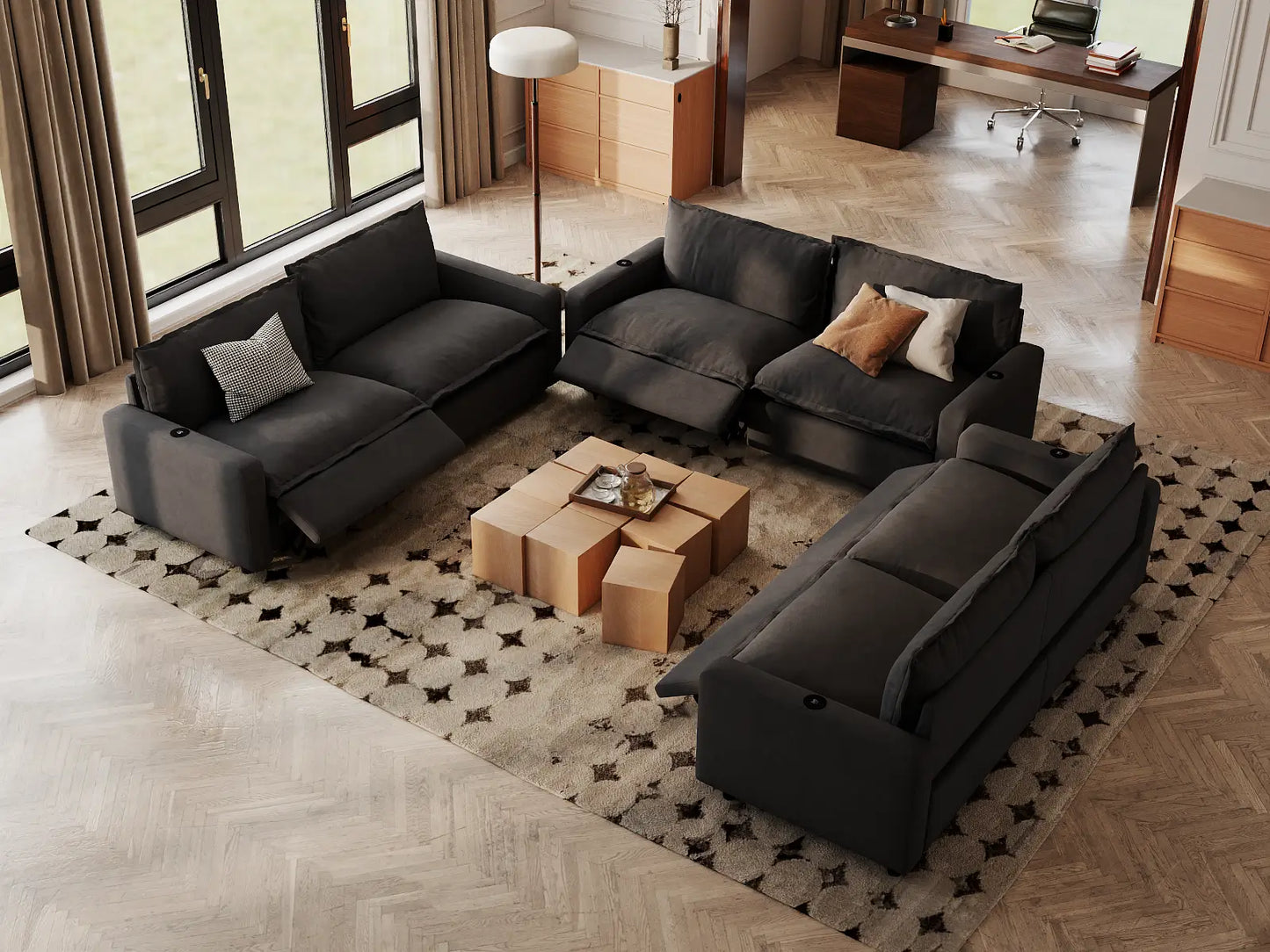 Modular Cero Reclining Sectionals | 6-Piece Grey Linen Grand Estate U-Shaped Sectionals 6-Seater