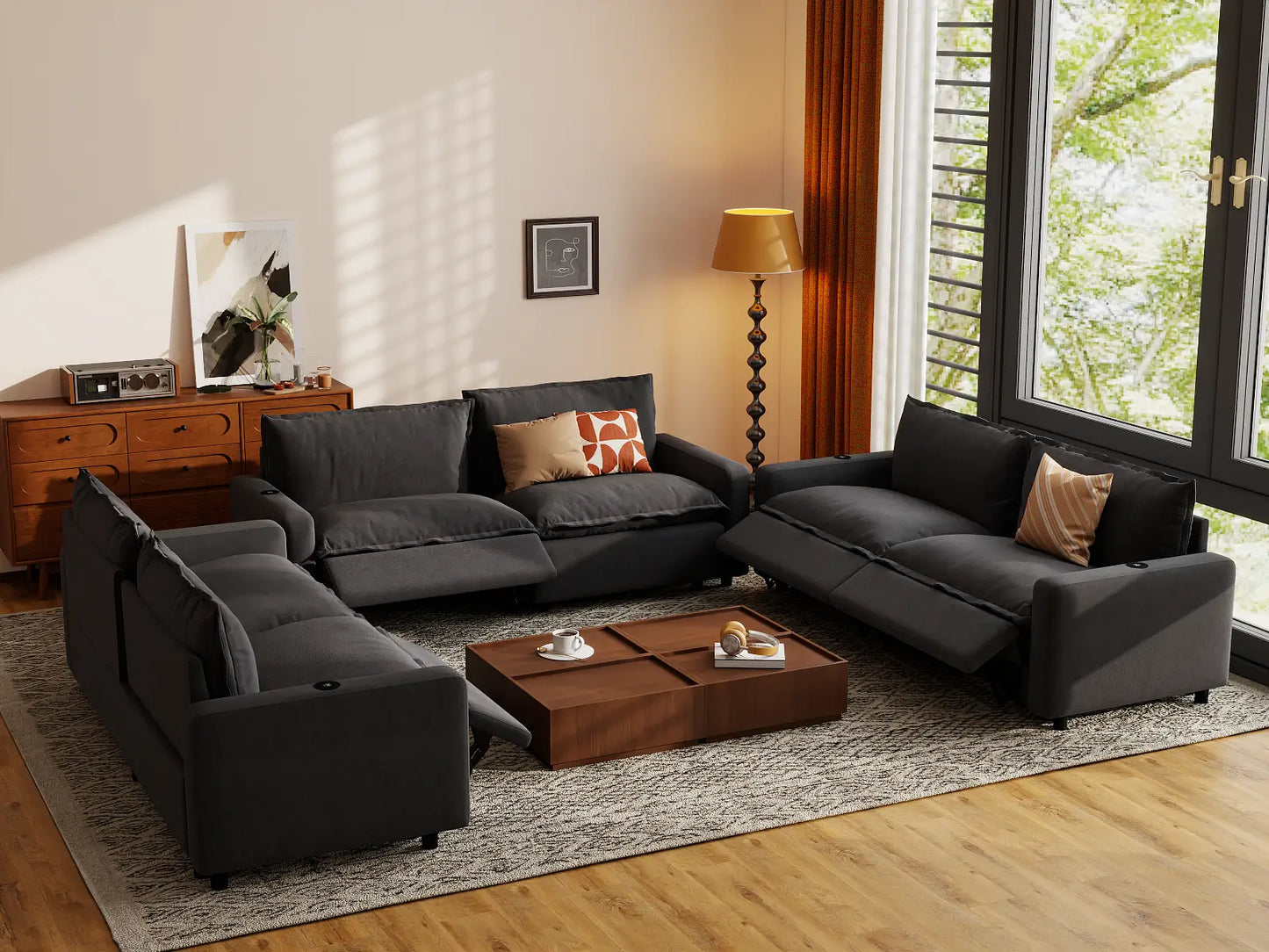 Modular Cero Reclining Sectionals | 6-Piece Grey Linen Grand Estate U-Shaped Sectionals 6-Seater