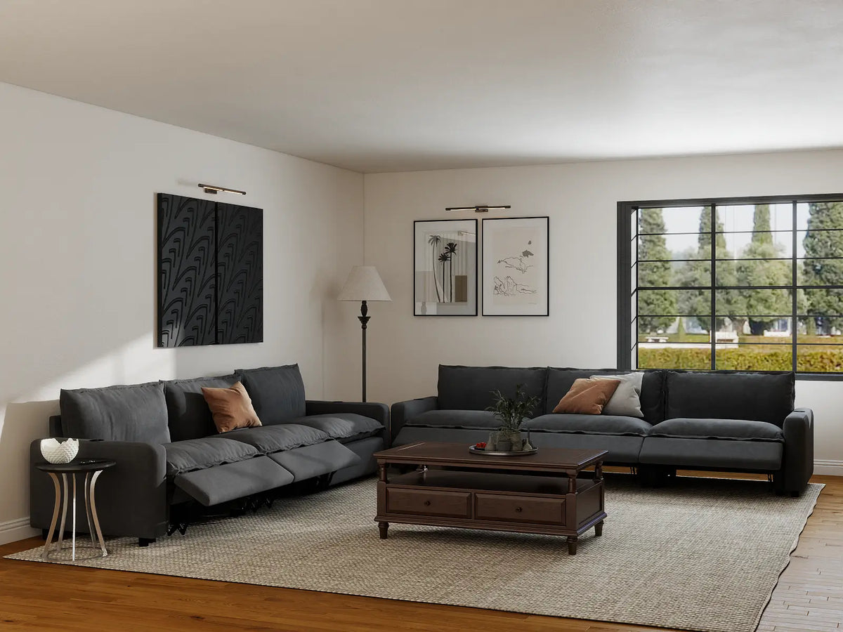 Modular Cero Reclining Sectionals | 6-Piece Grey Linen Grand Estate V-Shaped Sectionals 6-Seater