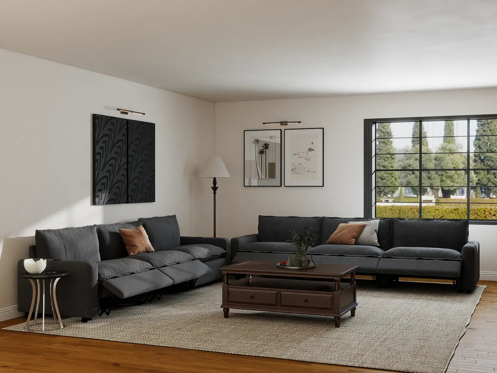 Modular Cero Sectional Sofa with Recliner | 6-Piece Grey Linen Grand Estate V-Shaped Sectionals 6-Seater
