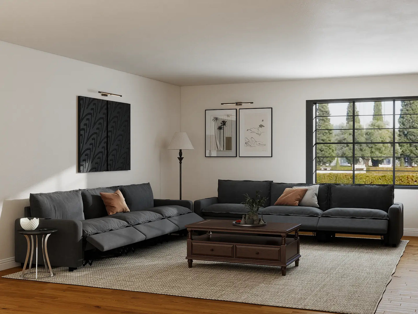 Modular Cero Reclining Sectionals | 6-Piece Grey Linen Grand Estate V-Shaped Sectionals 6-Seater