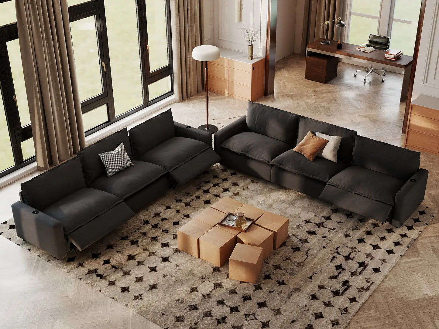 Modular Cero Reclining Sectionals | 6-Piece Grey Linen Grand Estate V-Shaped Sectionals 6-Seater
