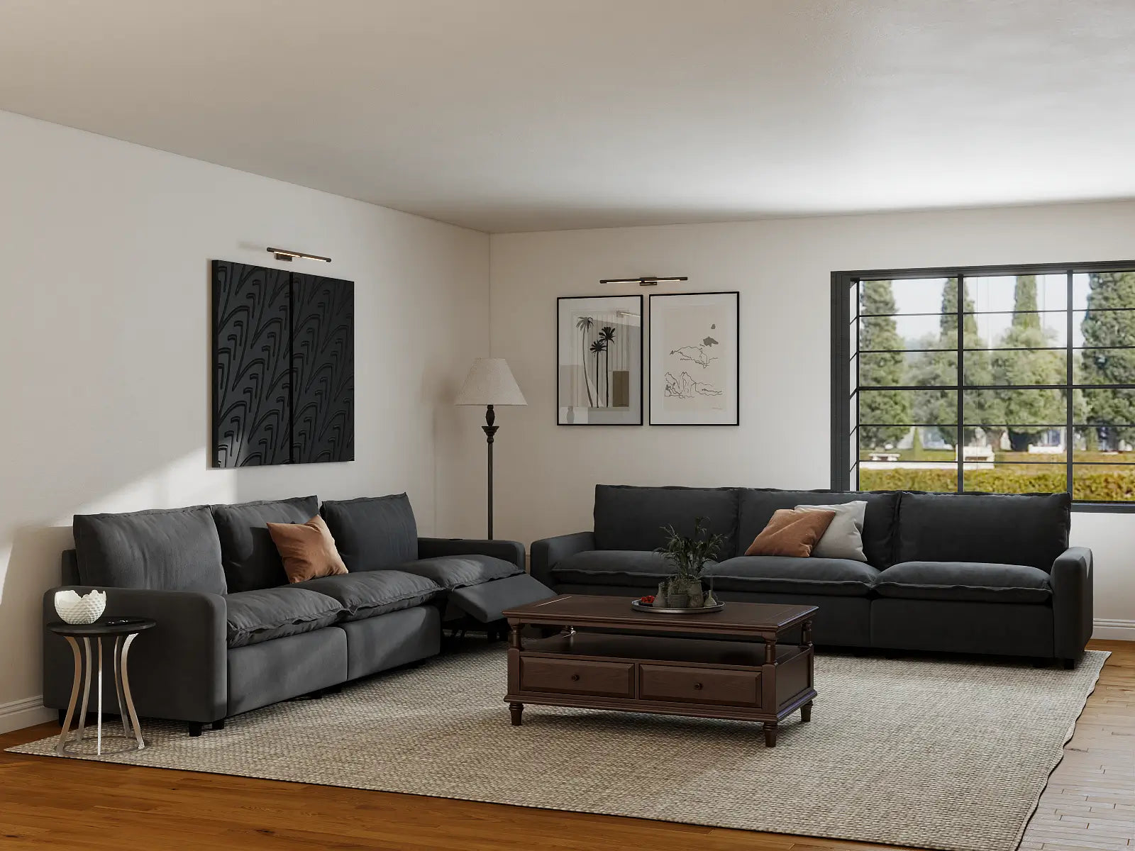 Modular Cero Reclining Sectional Sofa | 6-Piece Grey Linen Grand Estate V-Shaped Sectionals 6-Seater