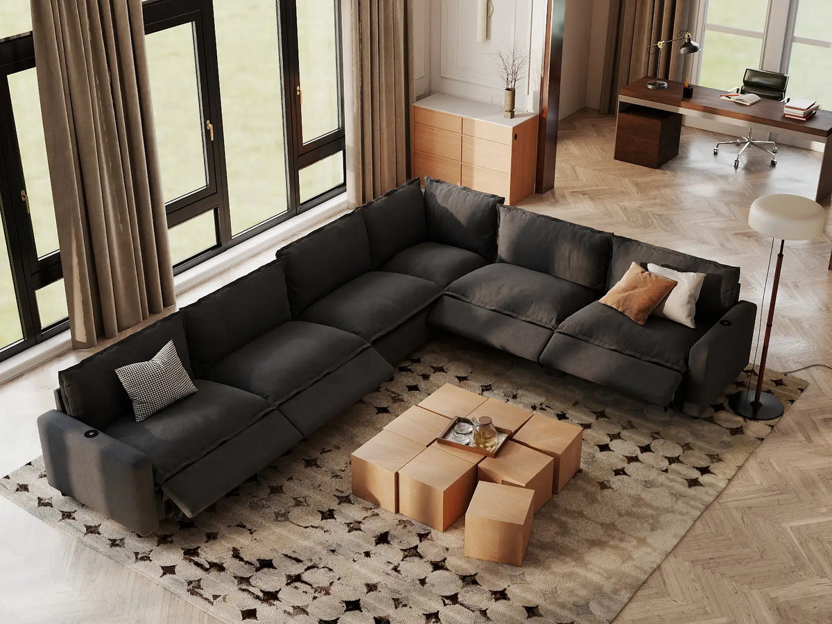 Modular Cero Reclining Sectionals | 6-Piece Grey Linen Grand Estate V-Shaped Sectionals 6-Seater