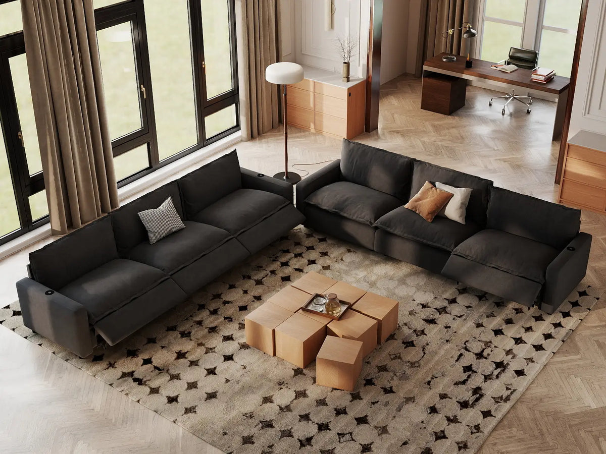 Modular Cero Reclining Sectionals | 6-Piece Grey Linen Grand Estate V-Shaped Sectionals 6-Seater