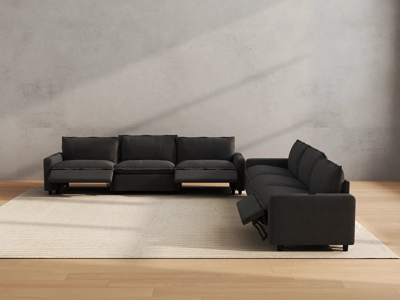Modular Cero Sectional Recliner | 6-Piece Grey Linen Grand Estate V-Shaped Sectionals 6-Seater