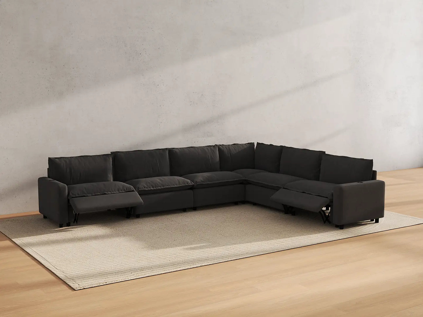 Modular Cero Recliner Sectional Sofa | 6-Piece Grey Linen Grand Estate V-Shaped Sectionals 6-Seater