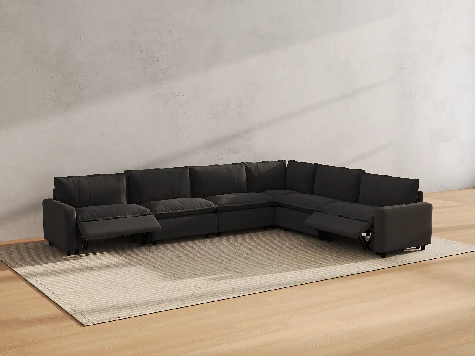 Modular Cero Recliner Sectional Sofa | 6-Piece Grey Linen Grand Estate V-Shaped Sectionals 6-Seater