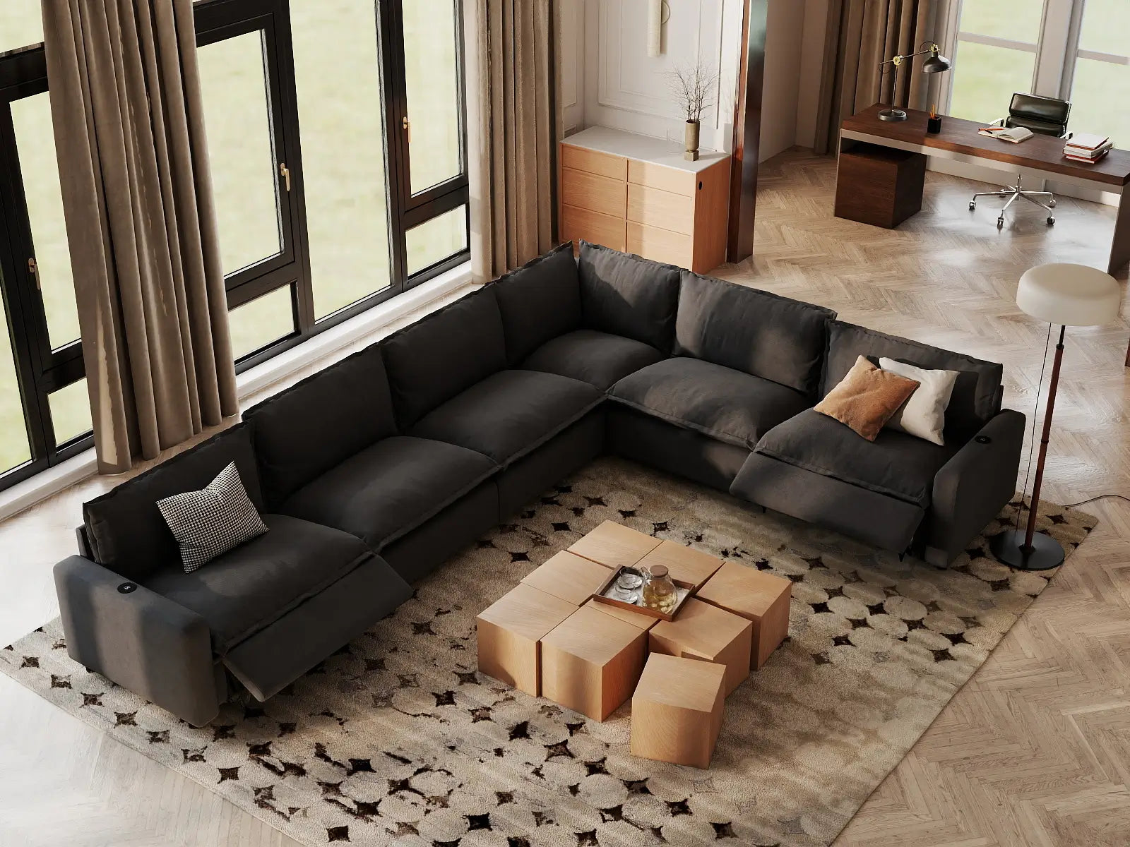Modular Cero Recliner Sectional Sofa | 6-Piece Grey Linen Grand Estate V-Shaped Sectionals 6-Seater