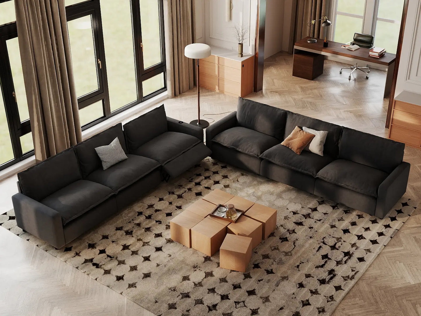 Modular Cero Reclining Sectionals | 6-Piece Grey Linen Grand Estate V-Shaped Sectionals 6-Seater