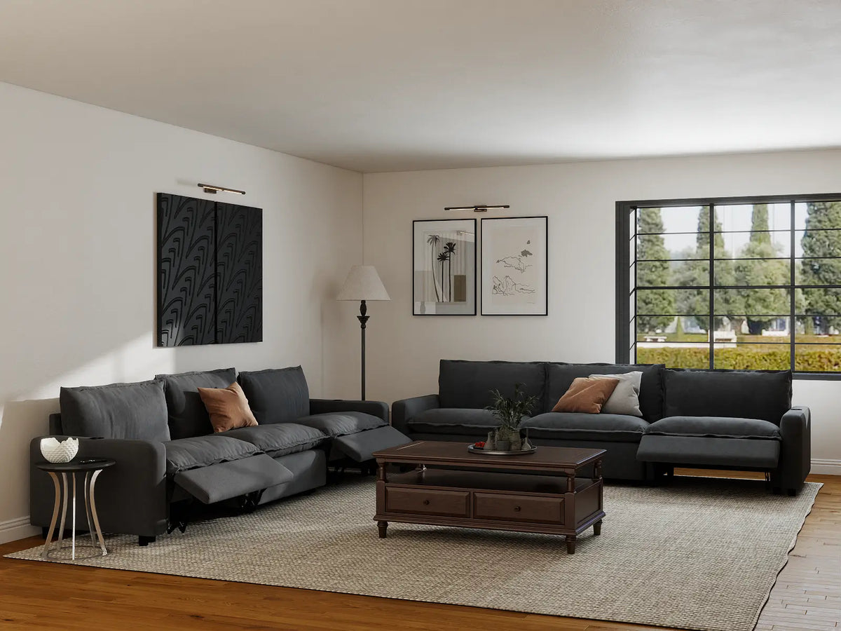 Modular Cero Reclining Sectionals | 6-Piece Grey Linen Grand Estate V-Shaped Sectionals 6-Seater