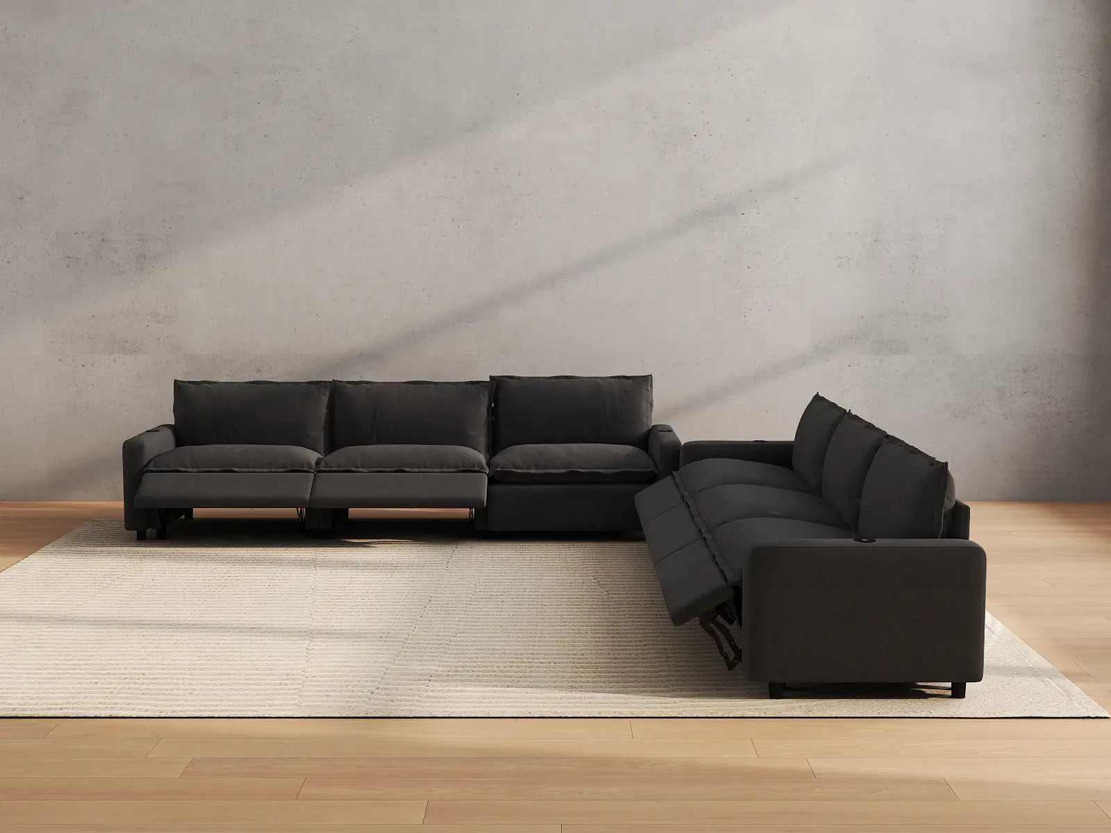 Modular Cero Sectional Sofa with Recliner | 6-Piece Grey Linen Grand Estate V-Shaped Sectionals 6-Seater