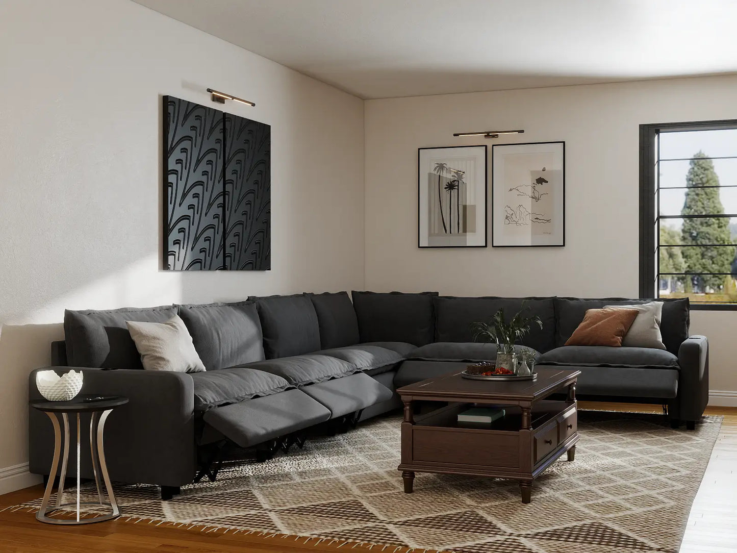 Modular Cero Reclining Sectionals | 6-Piece Grey Linen Grand Estate V-Shaped Sectionals 6-Seater