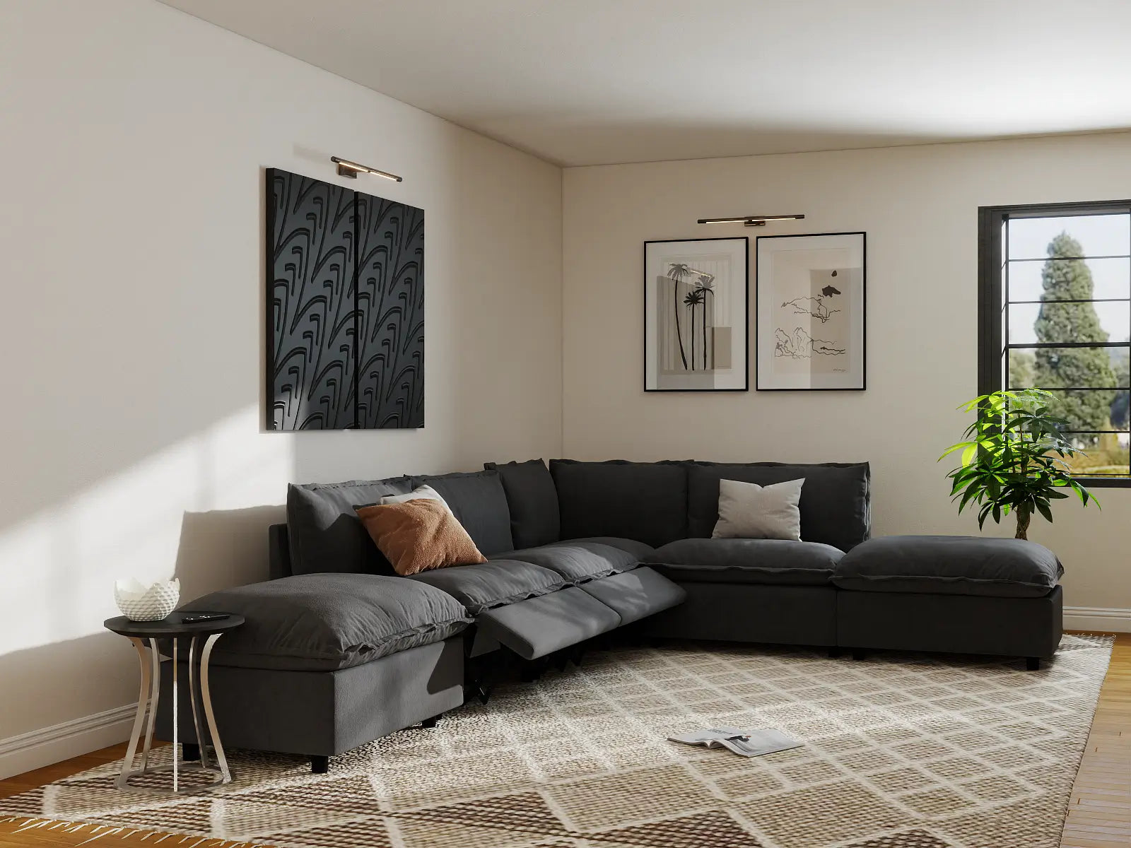 Modular Cero Reclining Sectionals | 6-Piece Grey Linen Home Living L-Shaped Sectionals 4-Seater with 2-Ottomans