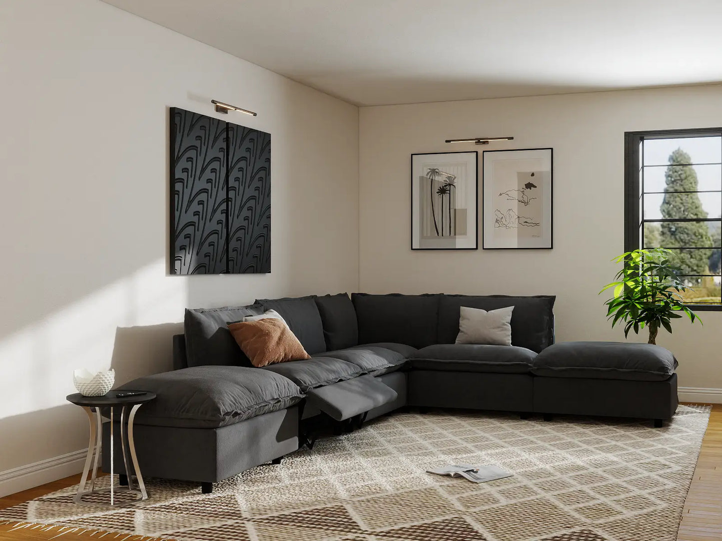 Modular Cero Reclining Sectionals | 6-Piece Grey Linen Home Living L-Shaped Sectionals 4-Seater with 2-Ottomans