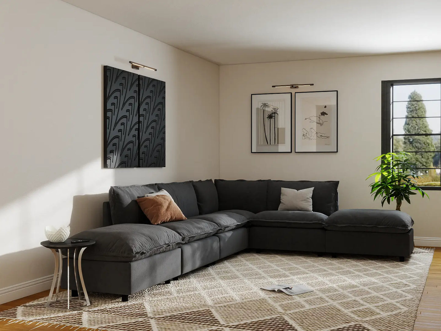 Modular Cero Modular Sectionals | 6-Piece Grey Linen Home Living L-Shaped Sectionals 4-Seater with 2-Ottomans