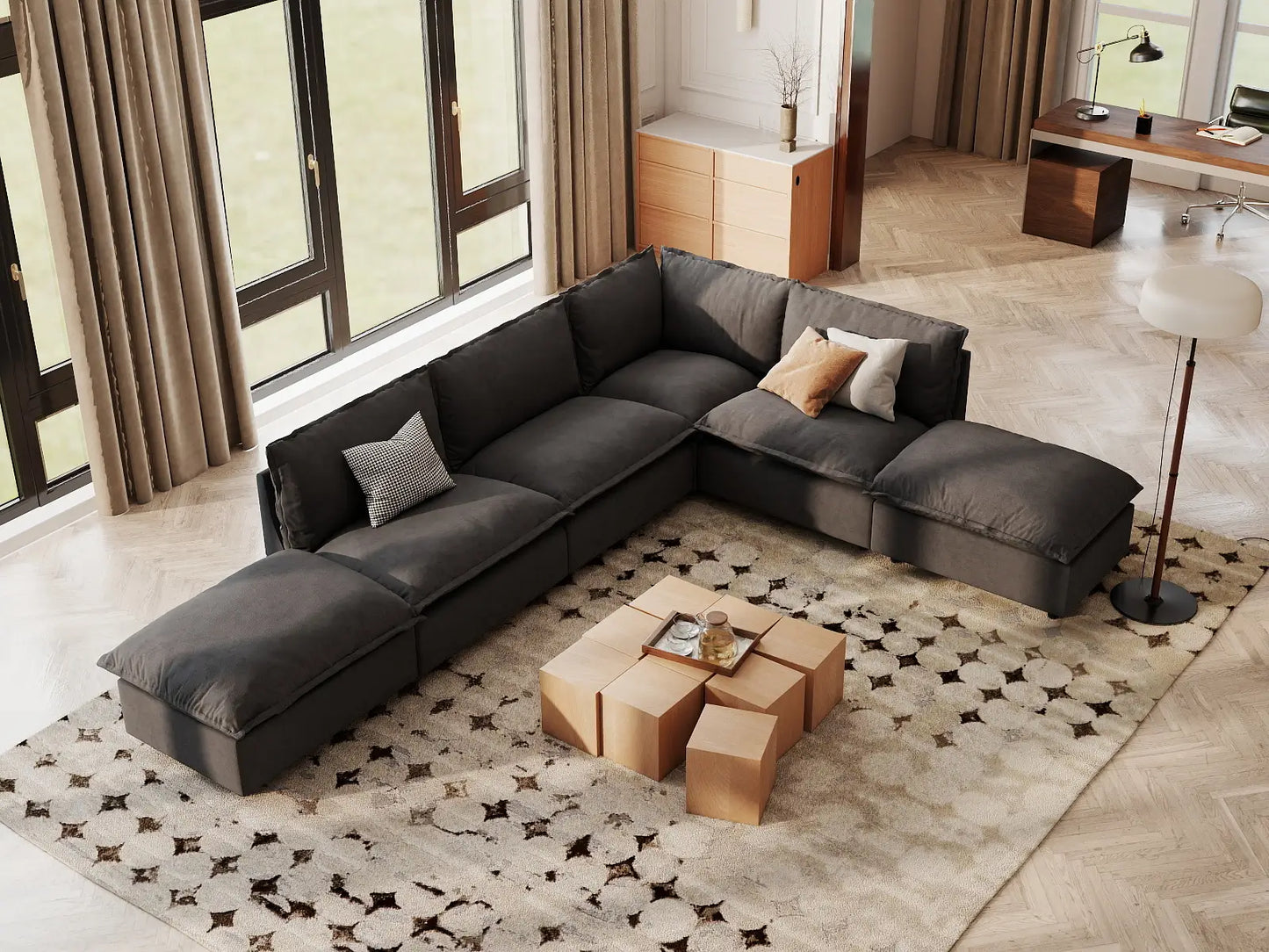 Modular Cero Modular Sectionals | 6-Piece Grey Linen Home Living L-Shaped Sectionals 4-Seater with 2-Ottomans