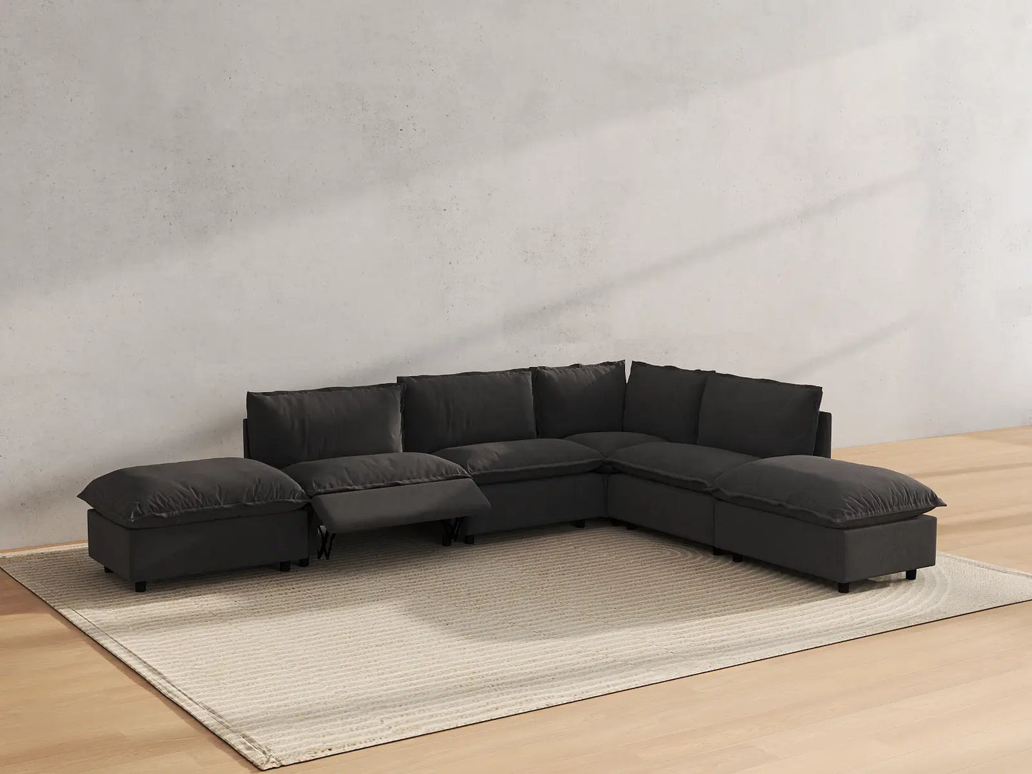 Modular Cero Reclining Sectionals | 6-Piece Grey Linen Home Living L-Shaped Sectionals 4-Seater with 2-Ottomans