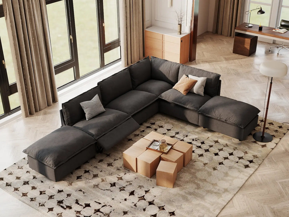 Modular Cero Reclining Sectionals | 6-Piece Grey Linen Home Living L-Shaped Sectionals 4-Seater with 2-Ottomans