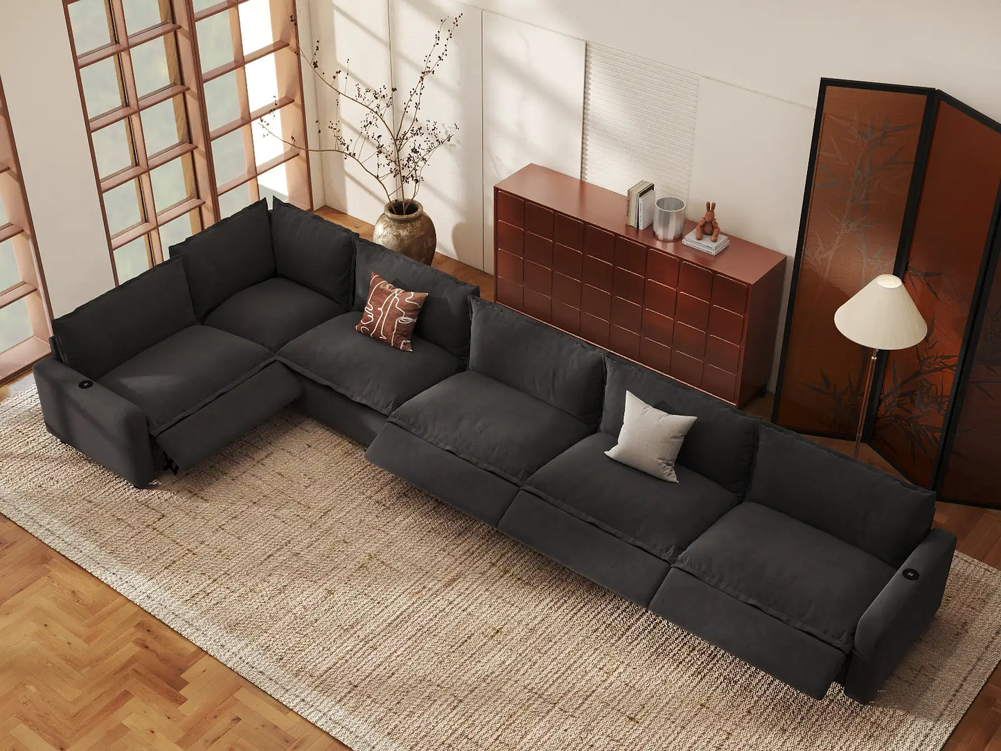 Modular Cero Reclining Sectionals | 6-Piece Grey Linen Home Living L-Shaped Sectionals 6-Seater