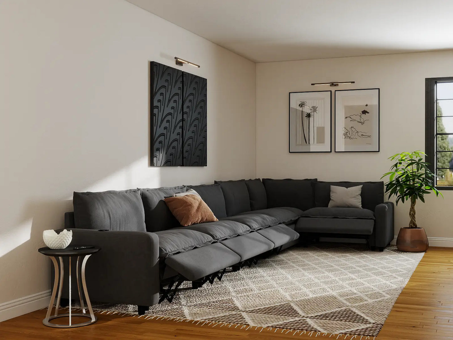 Modular Cero Reclining Sectionals | 6-Piece Grey Linen Home Living L-Shaped Sectionals 6-Seater