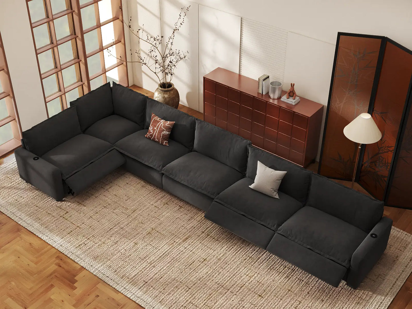 Modular Cero Reclining Sectionals | 6-Piece Grey Linen Home Living L-Shaped Sectionals 6-Seater
