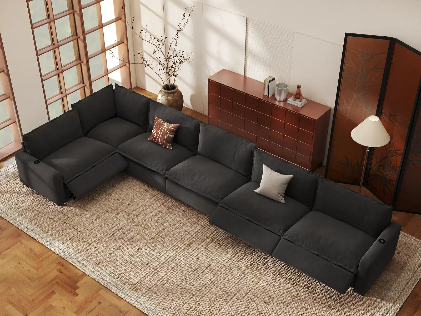Modular Cero Reclining Sectionals | 6-Piece Grey Linen Home Living L-Shaped Sectionals 6-Seater