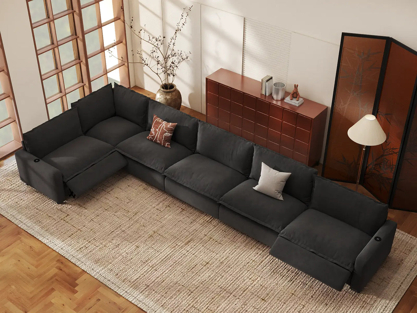 Modular Cero Sectional Recliner | 6-Piece Grey Linen Home Living L-Shaped Sectionals 6-Seater