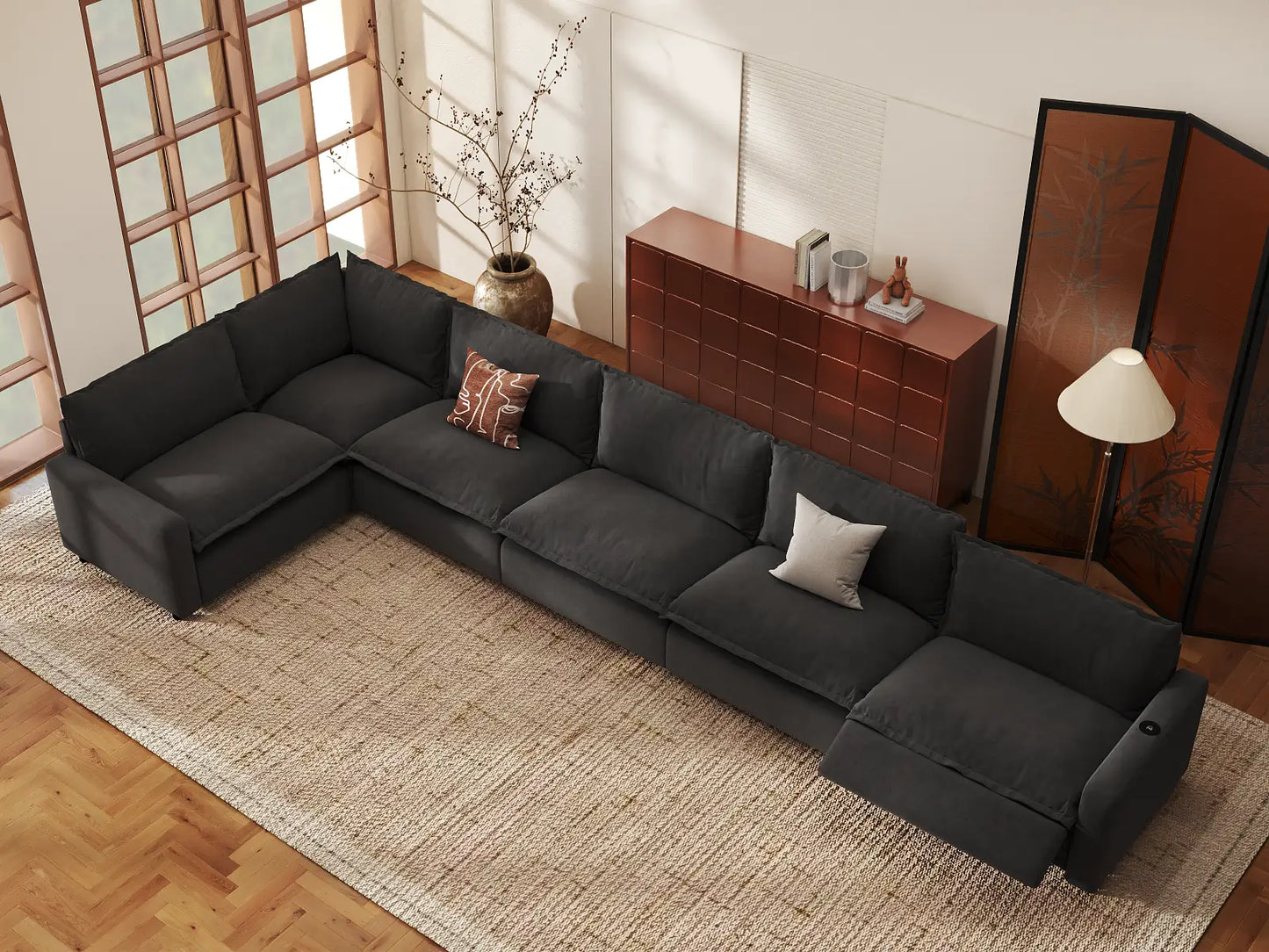 Modular Cero Reclining Sectionals | 6-Piece Grey Linen Home Living L-Shaped Sectionals 6-Seater