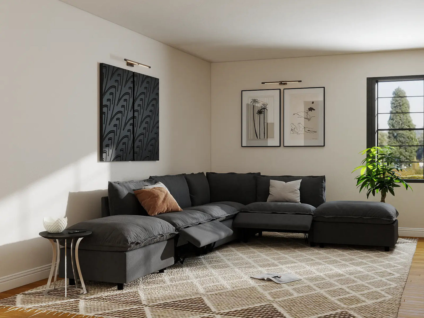 Modular Cero Reclining Sectionals | 6-Piece Grey Linen Large Space L-Shaped Sectionals 4-Seater with 2-Ottomans