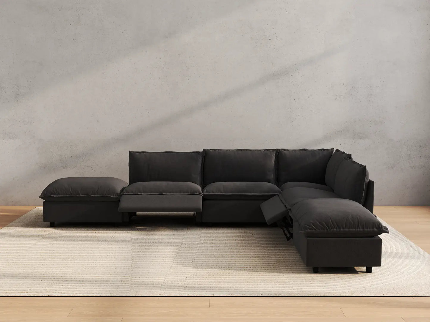 Modular Cero Reclining Sectionals | 6-Piece Grey Linen Large Space L-Shaped Sectionals 4-Seater with 2-Ottomans