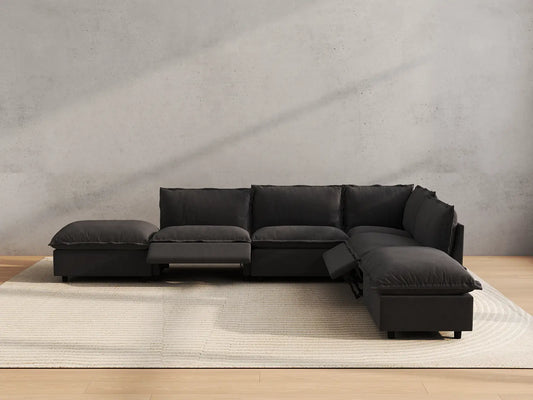 Modular Cero Reclining Sectionals | 6-Piece Grey Linen Large Space L-Shaped Sectionals 4-Seater with 2-Ottomans