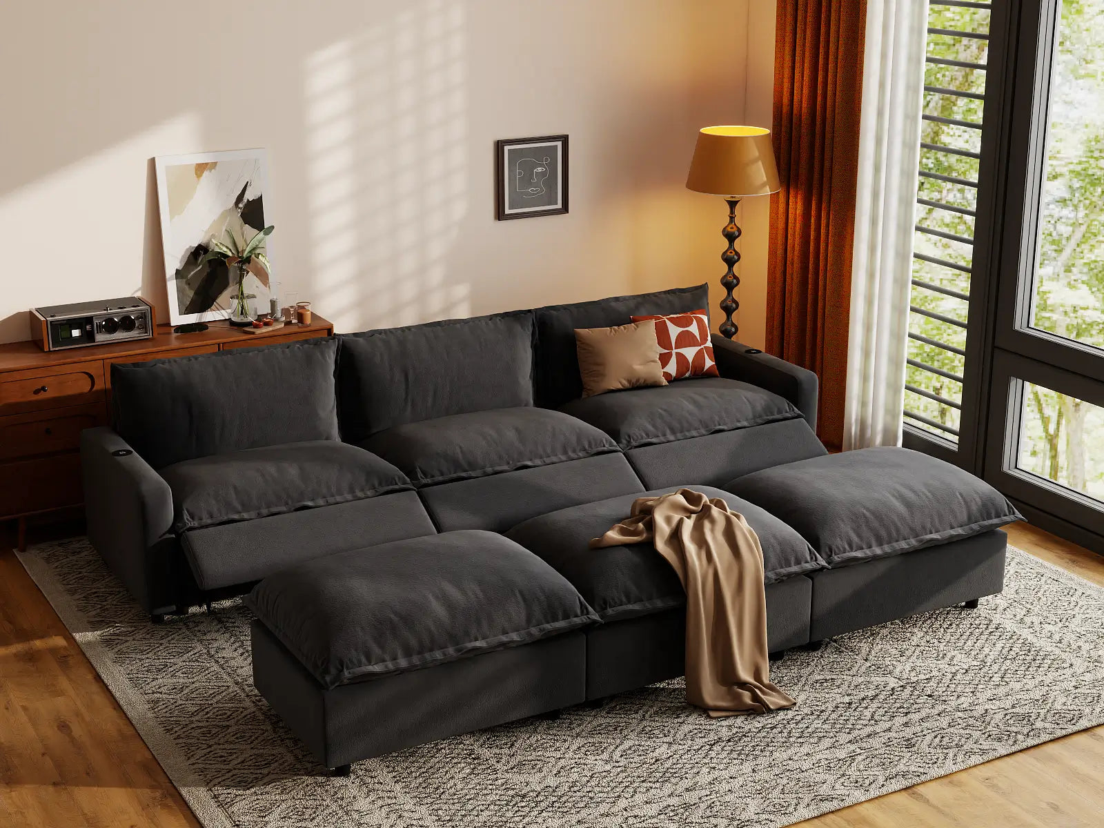 Modular Cero Reclining Sectionals | 6-Piece Grey Linen Large Space Pit Sectionals 3-Seater with 3-Ottomans