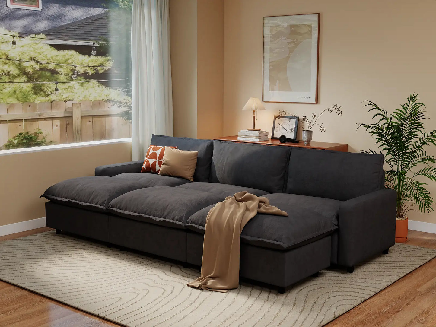 Modular Cero Modular Sectionals | 6-Piece Grey Linen Large Space Pit Sectionals 3-Seater with 3-Ottomans