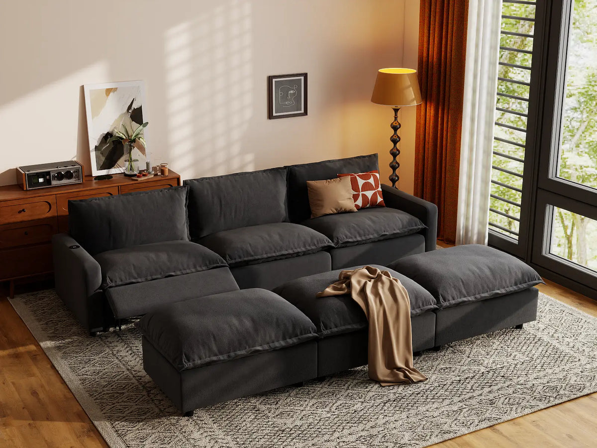 Modular Cero Reclining Sectionals | 6-Piece Grey Linen Large Space Pit Sectionals 3-Seater with 3-Ottomans