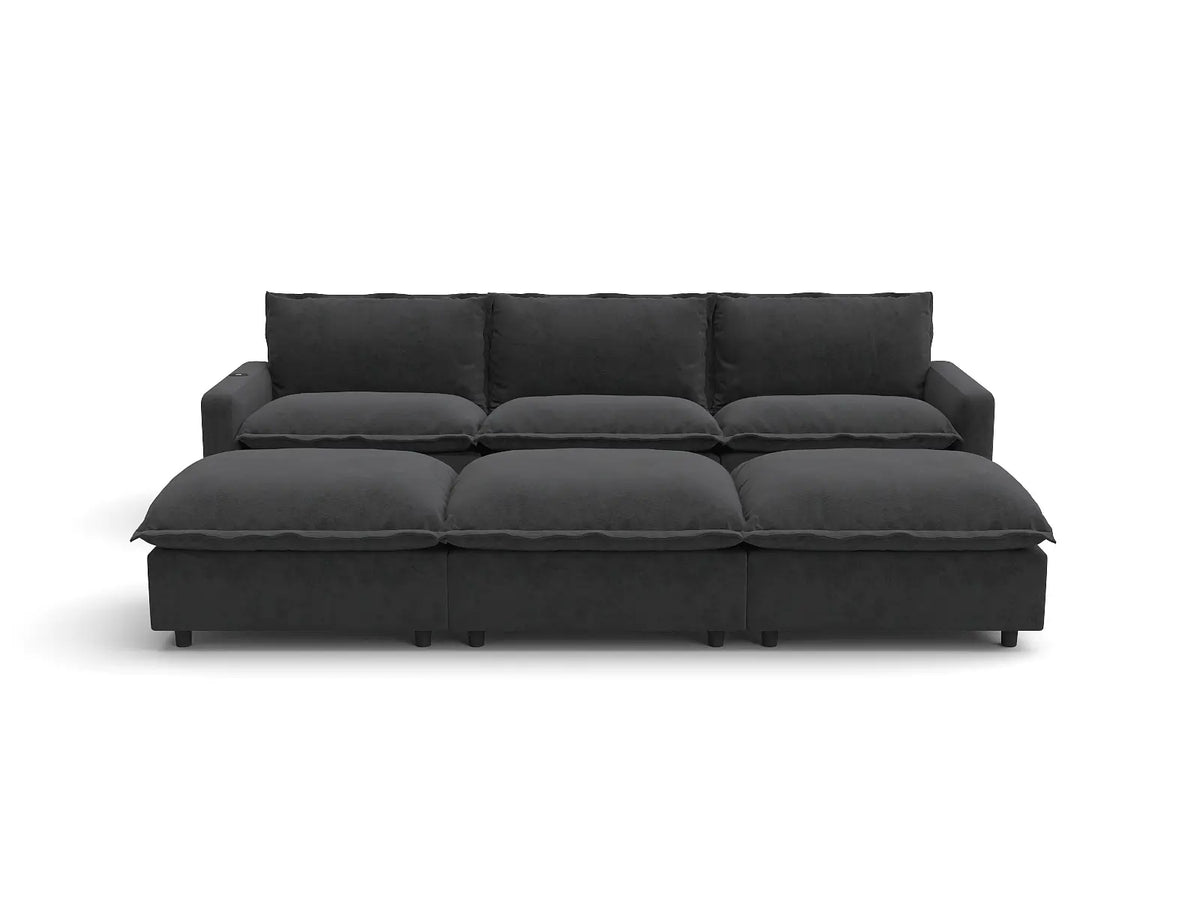 Modular Cero Reclining Sectionals | 6-Piece Grey Linen Large Space Pit Sectionals 3-Seater with 3-Ottomans