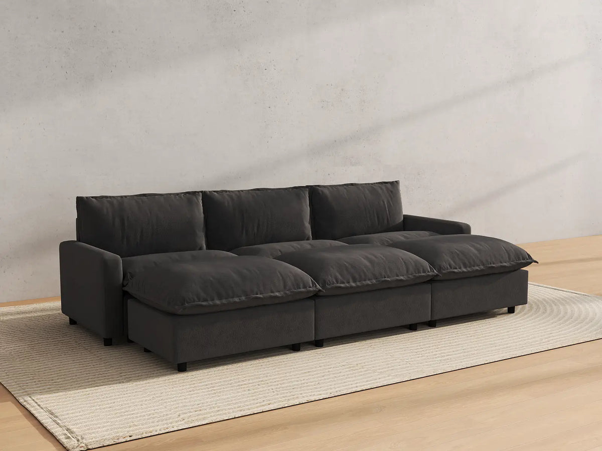 Modular Cero Modular Sectionals | 6-Piece Grey Linen Large Space Pit Sectionals 3-Seater with 3-Ottomans