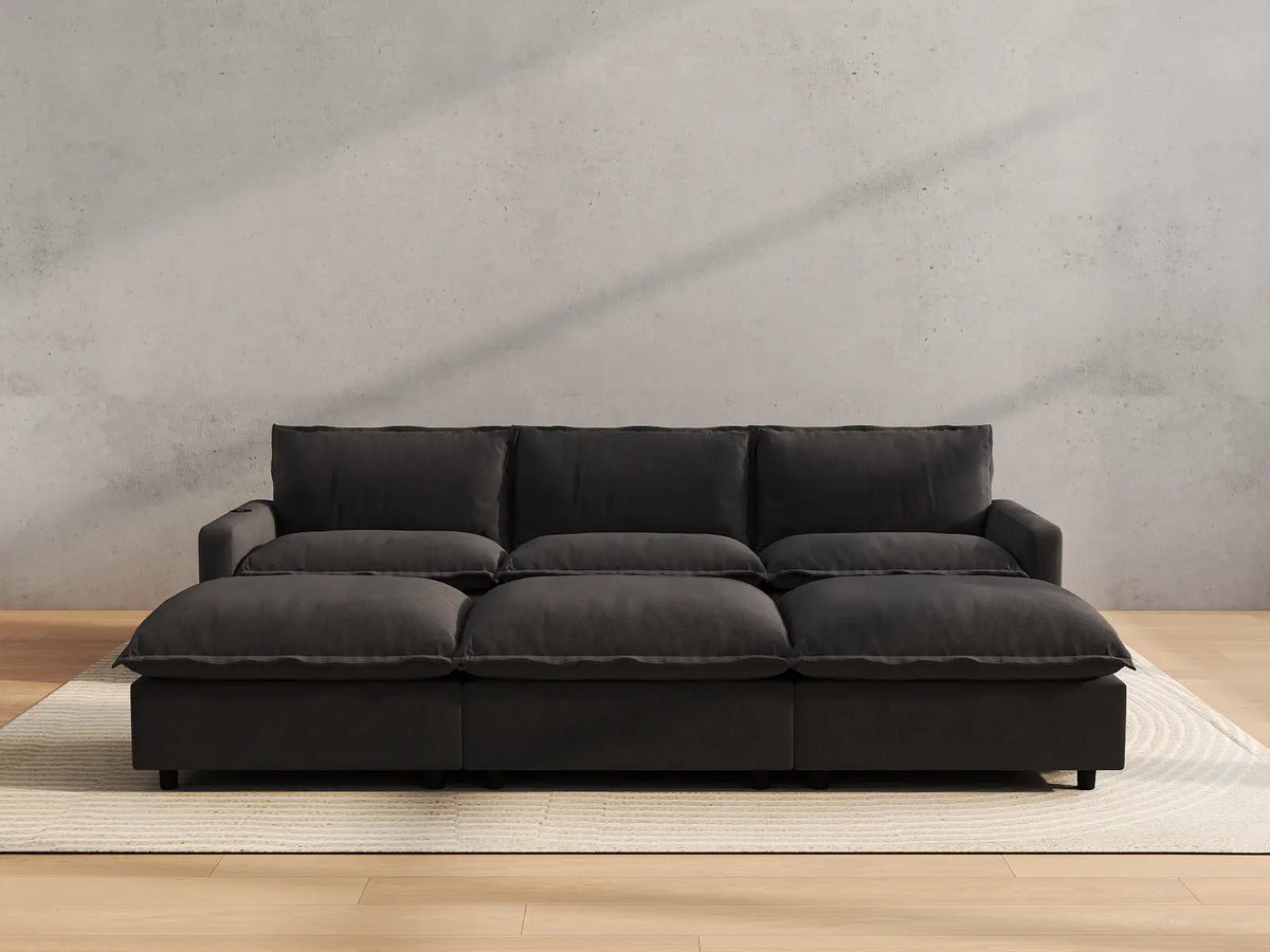 Modular Cero Reclining Sectionals | 6-Piece Grey Linen Large Space Pit Sectionals 3-Seater with 3-Ottomans