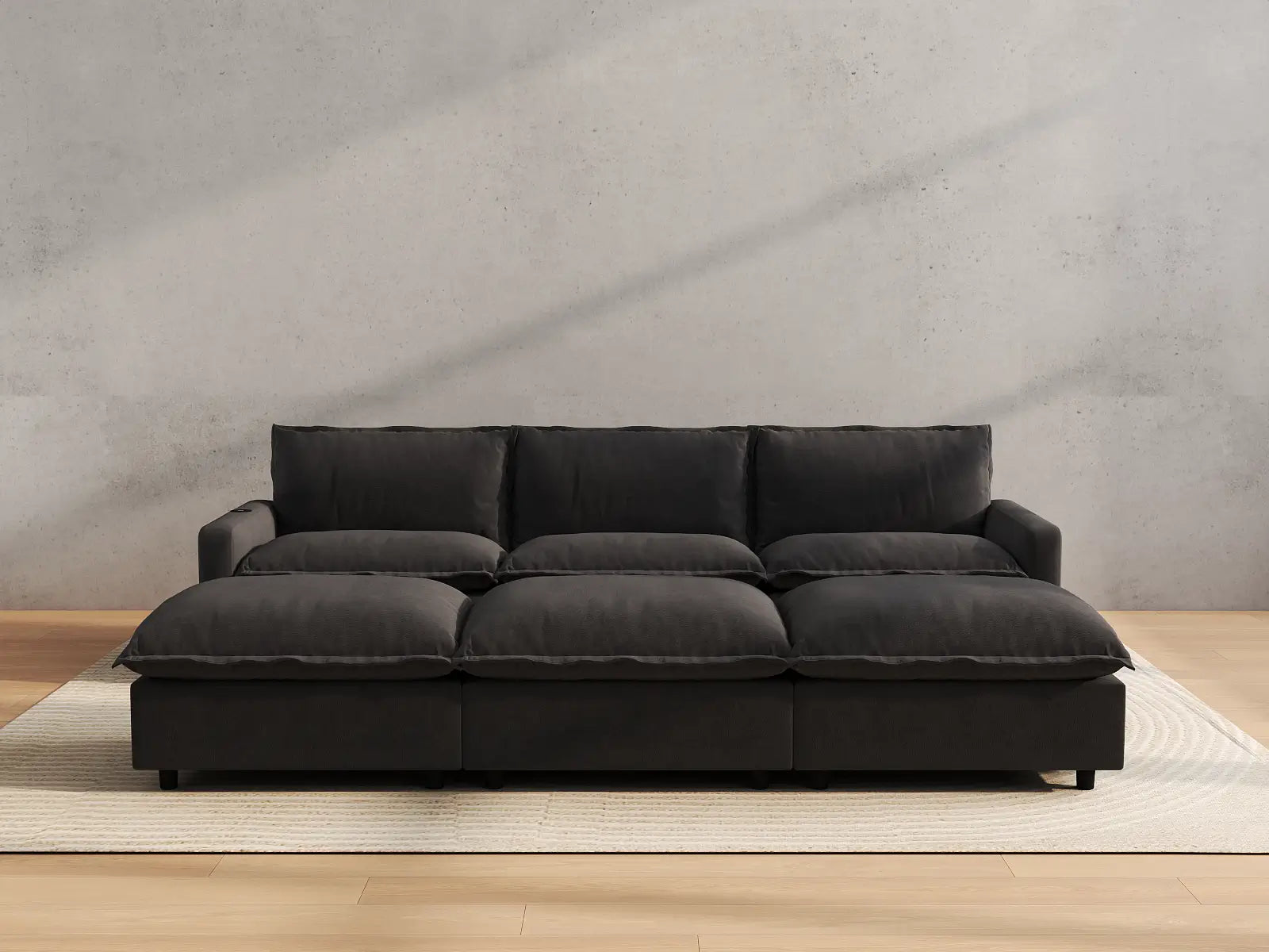 Modular Cero Recliner Sectional Chaise | 6-Piece Grey Linen Large Space Pit Sectionals 3-Seater with 3-Ottomans