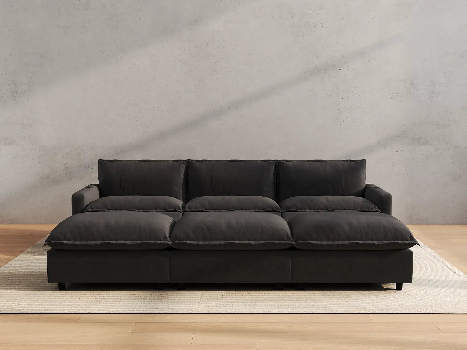 Modular Cero Reclining Sectionals | 6-Piece Grey Linen Large Space Pit Sectionals 3-Seater with 3-Ottomans