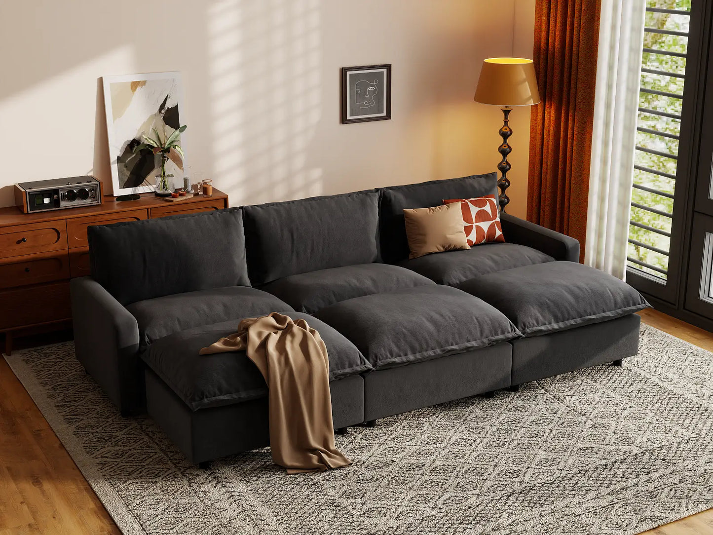 Modular Cero Modular Sectionals | 6-Piece Grey Linen Large Space Pit Sectionals 3-Seater with 3-Ottomans