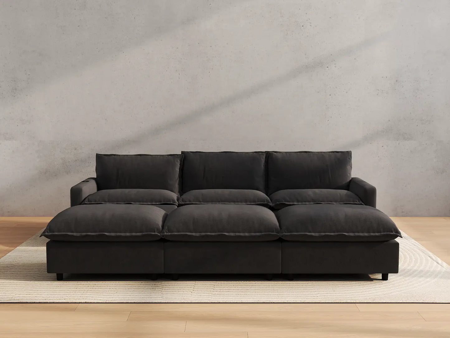 Modular Cero Reclining Sectionals | 6-Piece Grey Linen Large Space Pit Sectionals 3-Seater with 3-Ottomans