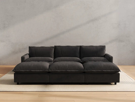 Modular Cero Reclining Sectionals | 6-Piece Grey Linen Large Space Pit Sectionals 3-Seater with 3-Ottomans