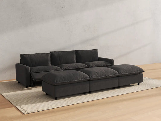 Modular Cero Reclining Sectionals | 6-Piece Grey Linen Large Space Pit Sectionals 3-Seater with 3-Ottomans