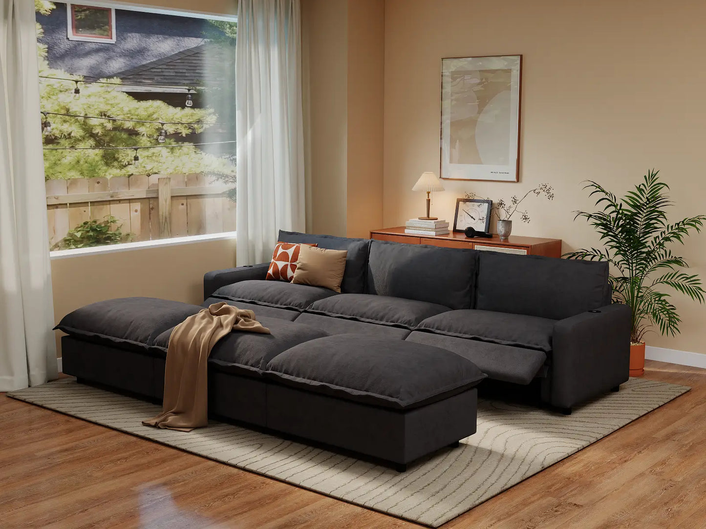 Modular Cero Reclining Sectionals | 6-Piece Grey Linen Large Space Pit Sectionals 3-Seater with 3-Ottomans