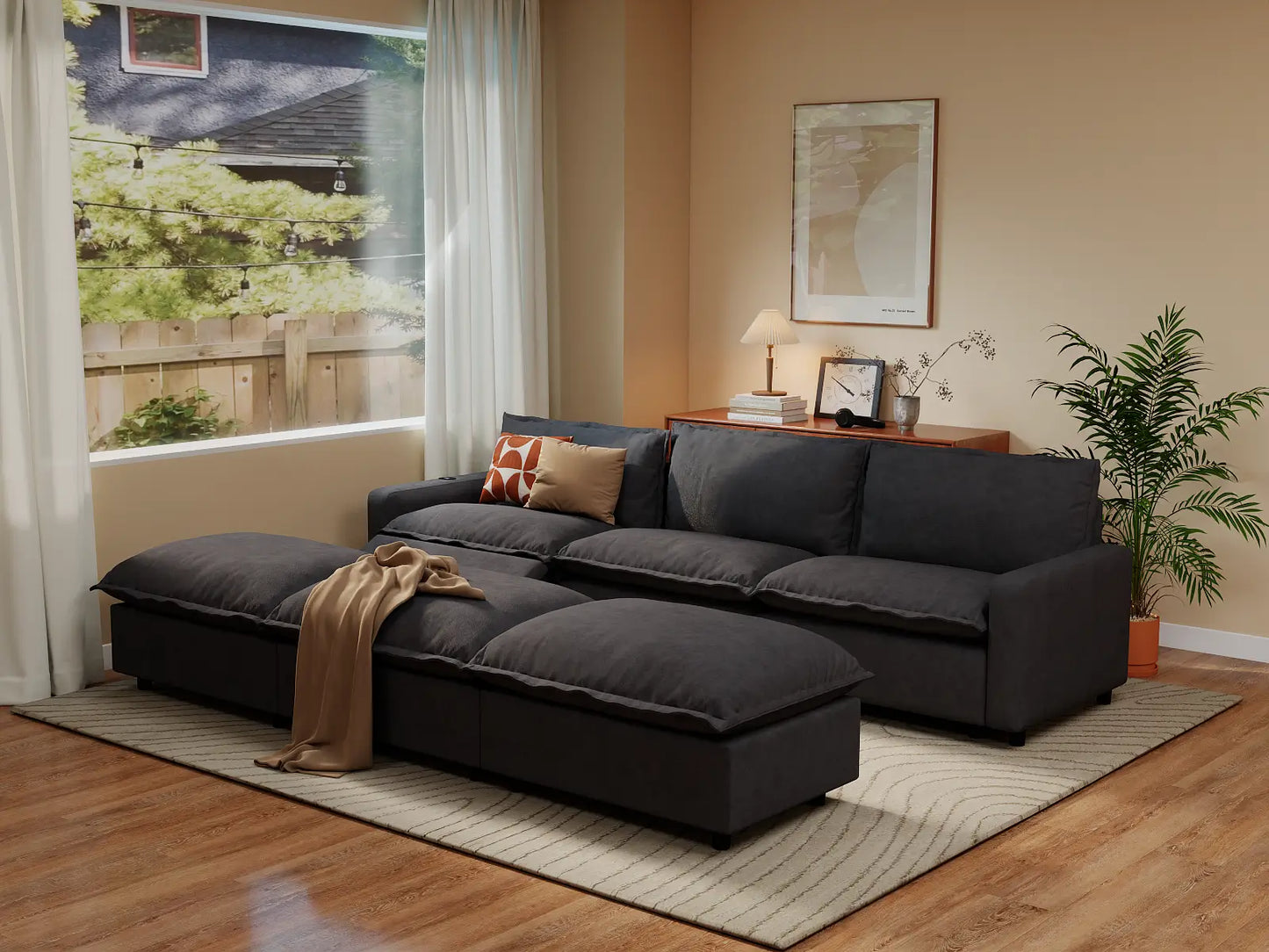 Modular Cero Reclining Sectionals | 6-Piece Grey Linen Large Space Pit Sectionals 3-Seater with 3-Ottomans