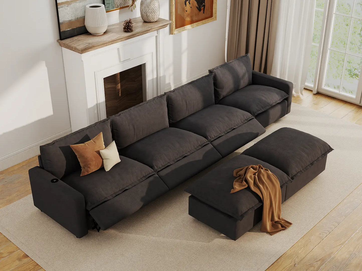 Modular Cero Recliner Sofa Set for Living Room | 6-Piece Grey Linen Large Space Sofa Sets 4-Seater with 2-Ottomans