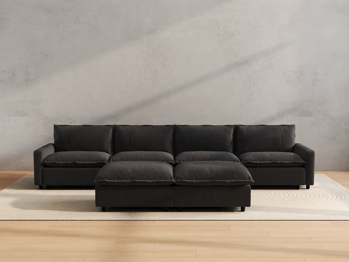 Modular Cero Recliner Sofa Set for Living Room | 6-Piece Grey Linen Large Space Sofa Sets 4-Seater with 2-Ottomans