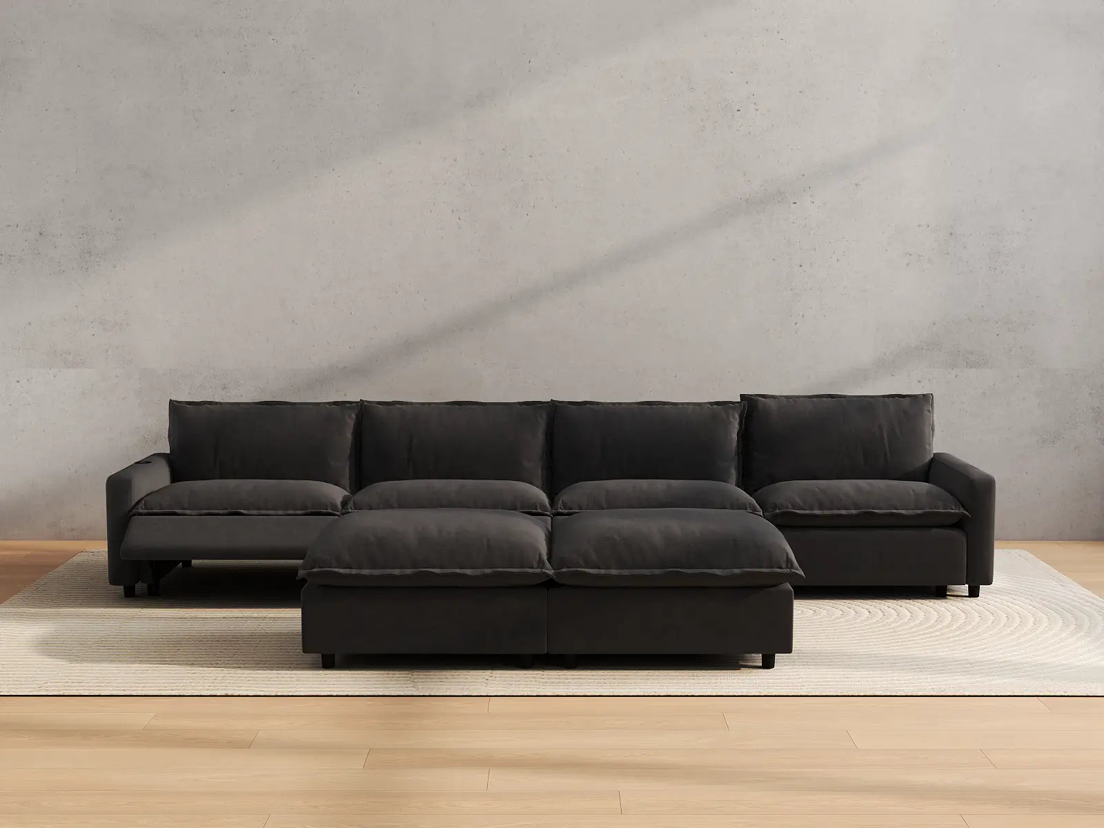 Modular Cero Recliner Sofa Set for Living Room | 6-Piece Grey Linen Large Space Sofa Sets 4-Seater with 2-Ottomans